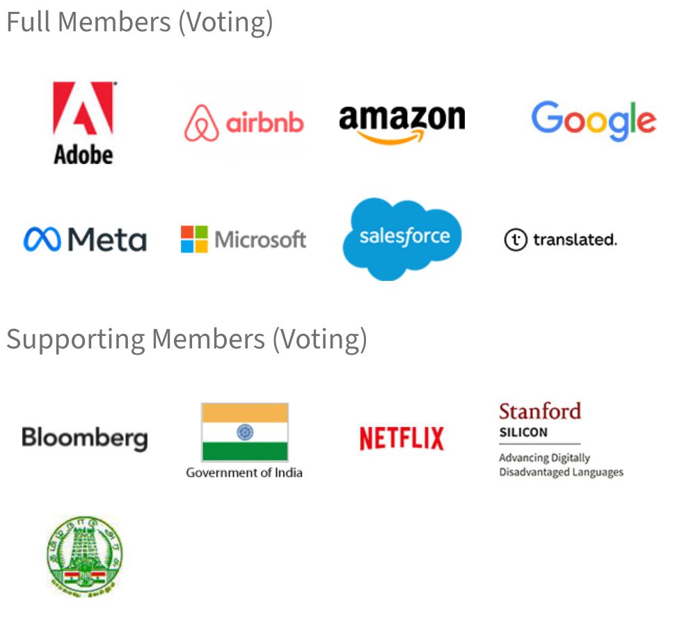 Full voting members: Adobe, Airbnb, Amazon, Google, Meta, Microsoft, Salesforce, translated (Italian company)
Supporting voting members: Bloomberg, Government of India, Netflix, Stanford Silicon Initiative, Tamil Virtual Academy