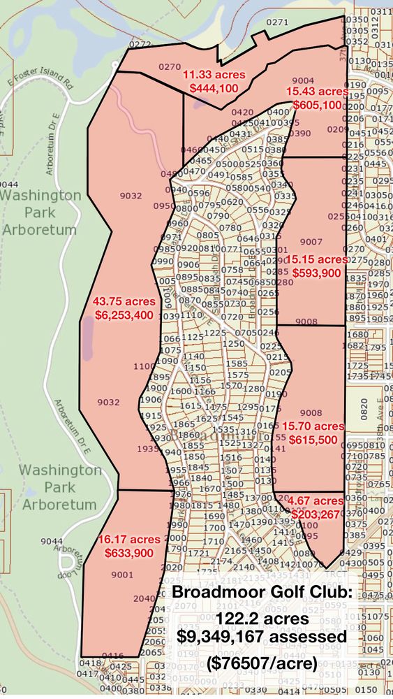7 parcels:
16.17 acres $633900
43.75 acres $6253400
11.33 acres $444,100
15.43 acres $605100
15.15 acres $593900
15.7 acres $615500
4.67 acres $203267

Total 122.2 acres $9,349,167 assessed value, $76507/acre