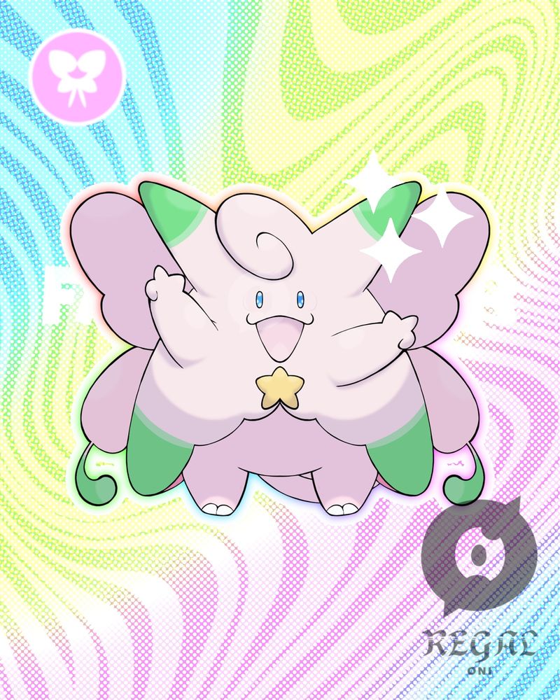 A shiny mega Clefable design with pink butterfly wings and a pale pink body with green accents that opens like a dress. A star can be found on its chest.