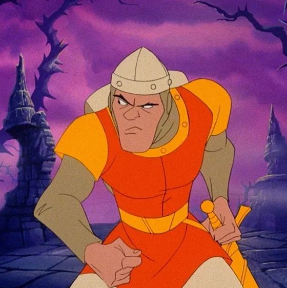 Dirk the Daring, the main hero from the game Dragon’s Lair, looking determined as he grips his sword in its sheath.
