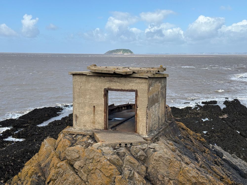 WW2 searchlight emplacement, with the island of Steep Holm beyond