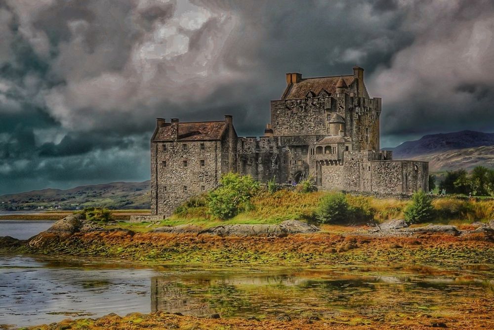 A view of Eilean Donan Castle on an overcast day. 