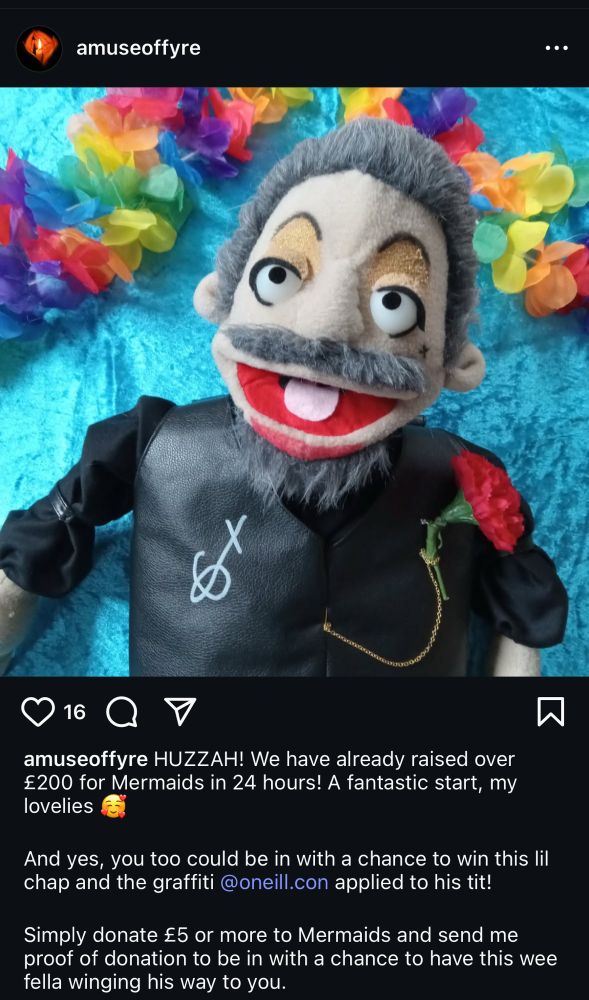 Screenshot of an IG post of Fyre’s that shows muppet calypso Izzy (gold eye shadow) signed by Con O’Neill