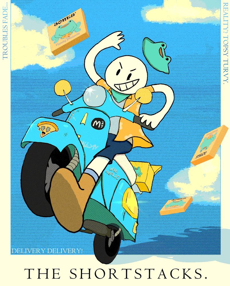 Mark Marshmallow cruising on his assigned work vespa, to deliver pizza!