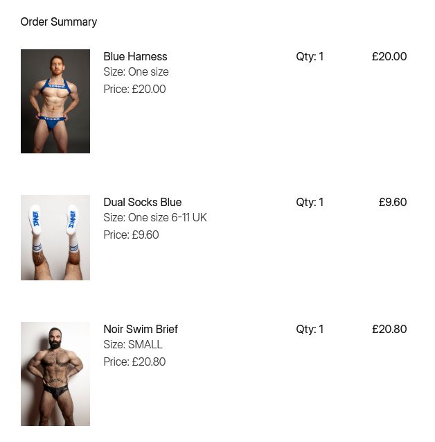 A screenshot of my order from Sinnerwear.co: 1 Blue Harness for 20 GBP, 1 pair of Dual Socks Blue for 9.60 GBP, and 1 Noir Swim Brief (size S) for 20.80 GBP.