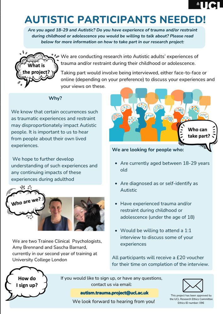 Advert explaining that the study involves taking part in an interview (either in person or online) about experiences of trauma, and asking people to email autism.trauma.project@ucl.ac.uk if interested.