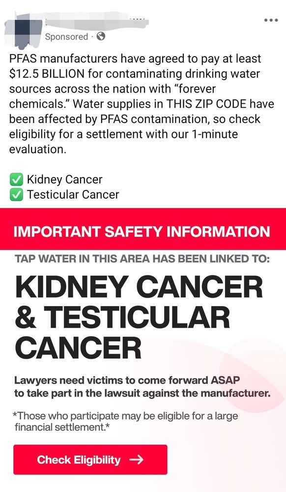 A screenshot of an advertisement for lawyers who claim that water sources in this (geographically unspecified) region have been linked to conditions such as testicular cancer.