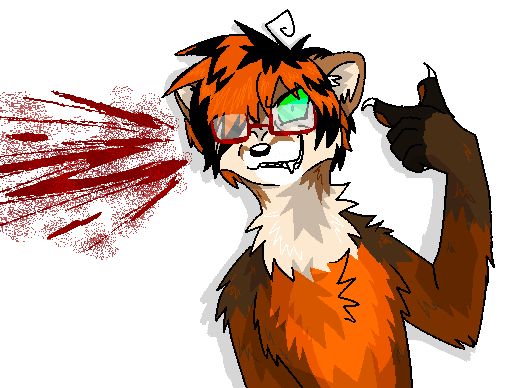 Pine marten of with night colors pretending with a finger gun, a fake blood splatter beside the head.