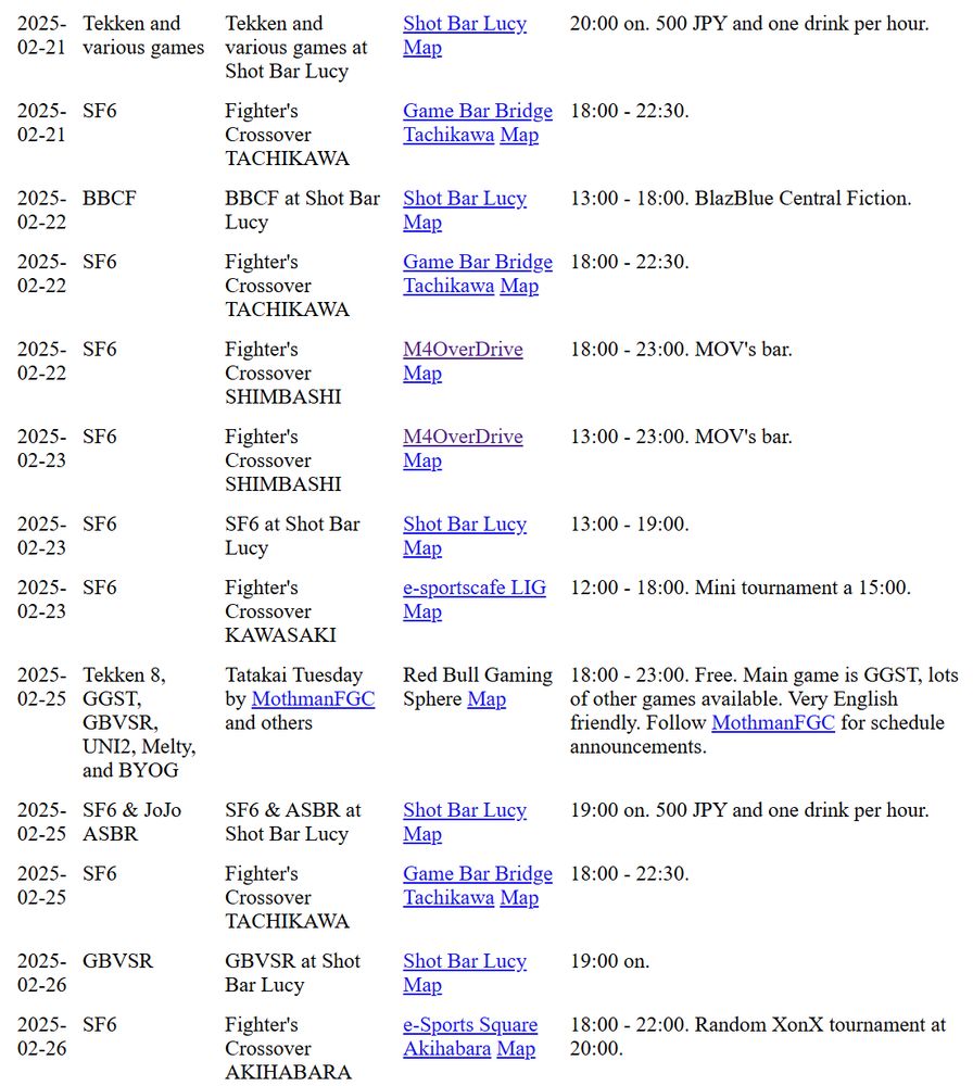 Fighting game events going on in or around Tokyo that I know about. Complete list at https://fugutabetai.com/tokyo_fgc.html