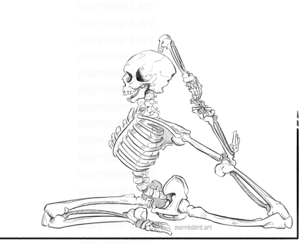 A skeleton does the mermaid yoga pose. Right leg tucked under pelvis while left leg resting in the left elbow. Spine is arched with rubs protruding forward with hands interlocked behind back. Black and white digital drawing.