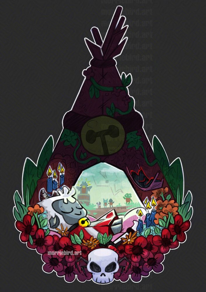 Cult of the Lamb video game fanart. A cartoonish lamb in a red cloak sleeps on a bed of flowers inside a text decorated with green leaves, candles, a skull, and a large cattle bell. On the right a black hat creature sleeps in a hammock.