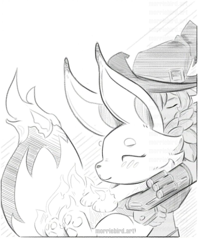 Palworld fanart. A black and white drawing. A person wearing a pointed hat and fluffy scarf lovingly hugs a fox creature with long rabbit-like ears. The paws and tail of the fox creature are tipped in flame.