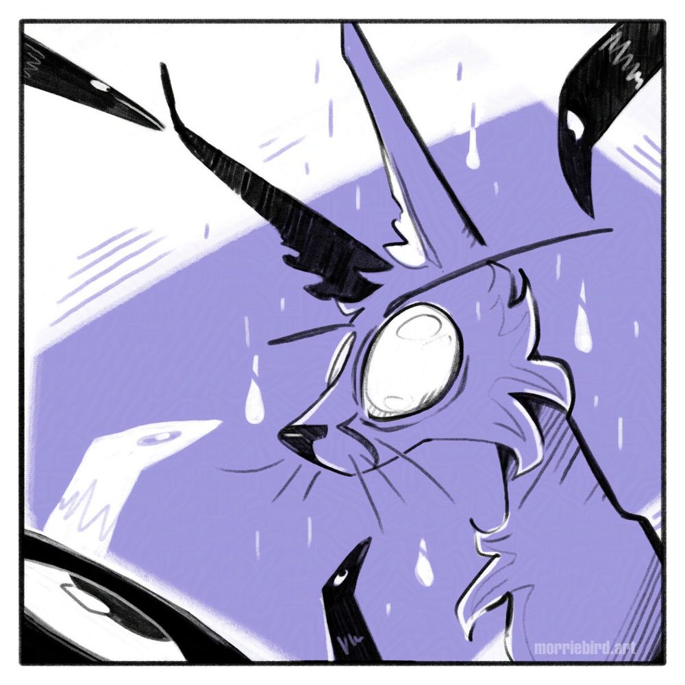 A purple, black, and white digital drawing of a feline with big ears surrounded by curious crows.
