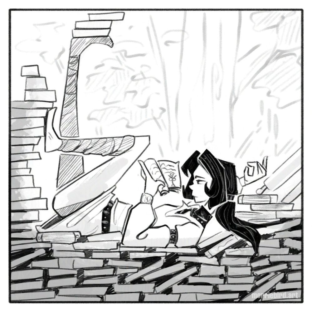 A black and white digital drawing. A woman reads a magazine while reclining on a pile of books/blocks.