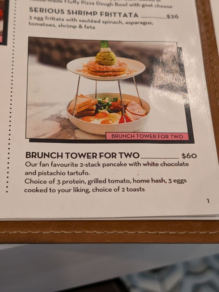 A menu aspect, before I noticed that they do actually have a new high tea service from 3-8pm. This is an image of the BRUNCH TOWER FOR TWO, which the menu describes as Our fan favourite 2-stack pancake with white chocolate and pistachio tartufo. Choice of 3 protein, grilled tomato, home hash, 3 eggs cooked to your liking, choice of 2 toasts》 Price listed is $60 Canadian, which for the time-being is a mere $43 or so US.