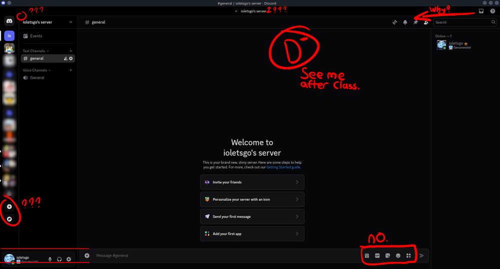 A screenshot of Discord, in a blank server in a blank channel. There's a bunch of shit that's wrong and should've been already covered.