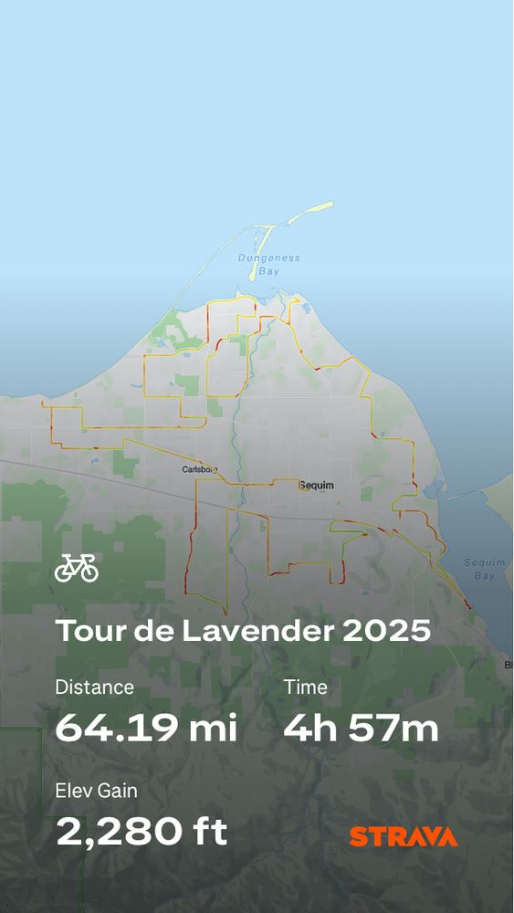 Strava map for Tour de Lavender showing a 64 mile ride