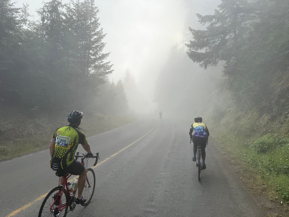 Bikes on road in low clouds