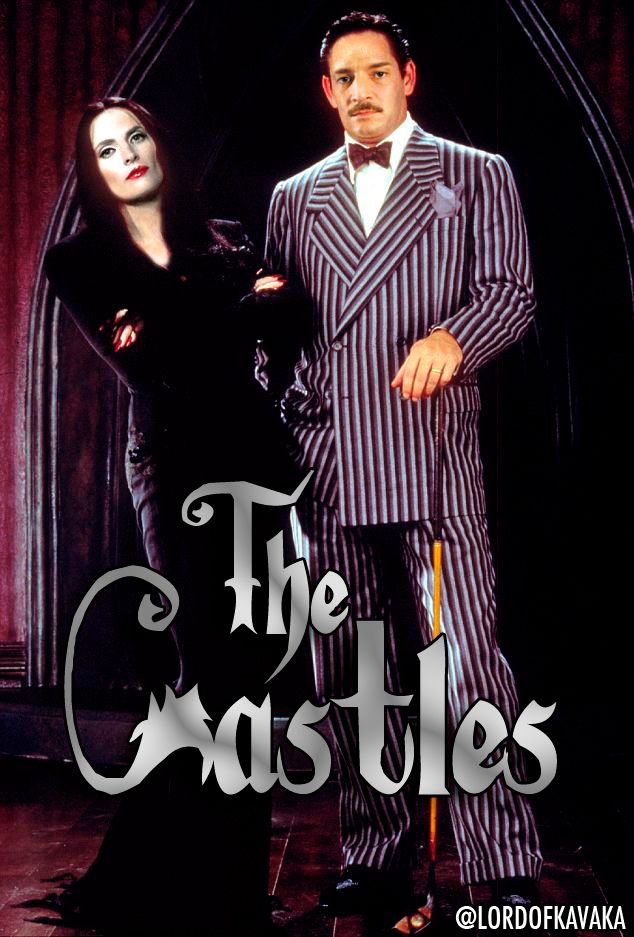 Rick Castle and Kate Beckett from the tv show Castle, photoshopped to look like Gomez and Morticia Addams.
