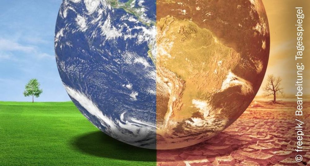 Klimawandel als 2 Erdhalbkugeln dargestellt, ein blauer Planet in grüner Umwelt, gegenüber ein trockenbrauner im Verdorrten. Gestohlen vom Tagesspiegel.