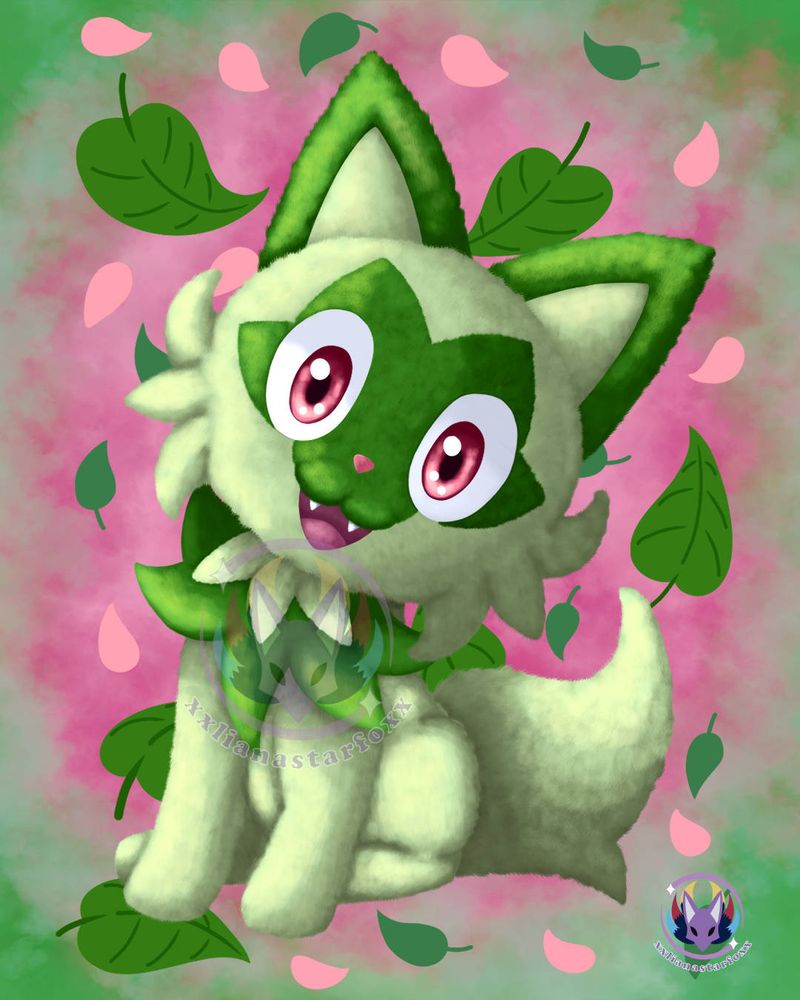 Pokemon Sprigatito just sit and head tilt. Looking happy and cute.