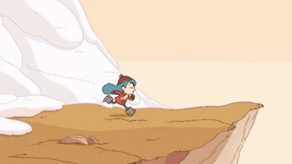 a cartoon drawing of a girl running on a cliff