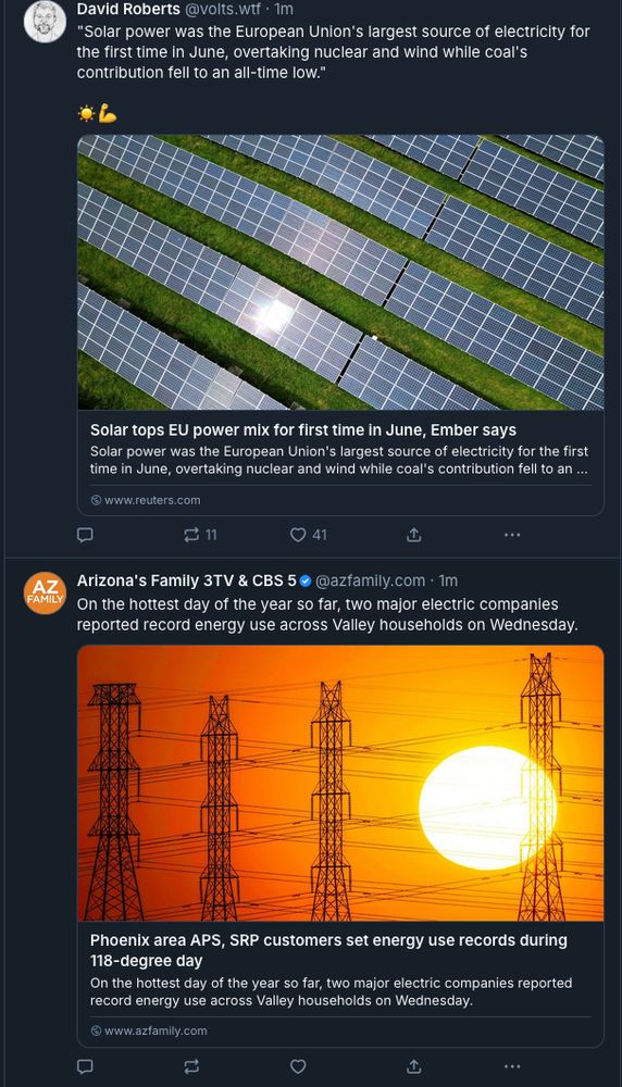 screenshot of the David Roberts tweet (quoted herein) and the previous tweet on my timeline from AZ Family "On the hottest day of the year so far, two major electric companies reported record energy use across Valley households on Wednesday..."
