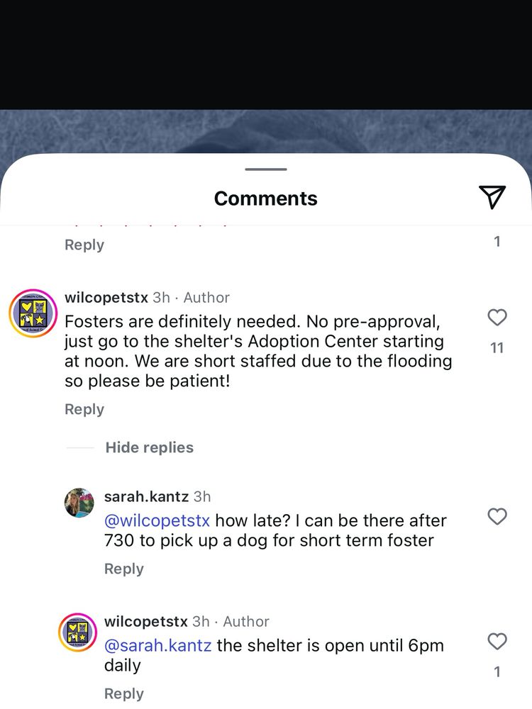 Comments
Reply
wilcopetst 3h • Author
Fosters are definitely needed. No pre-approval, just go to the shelter's Adoption Center starting at noon. We are short staffed due to the flooding so please be patient!
Reply
Hide replies
sarah.kantz 3h
@wilcopetstx how late? I can be there after 730 to pick up a dog for short term foster
Reply
wilcopetstx 3h • Author
@sarah.kantz the shelter is open until 6pm
daily
Reply
1
11
1