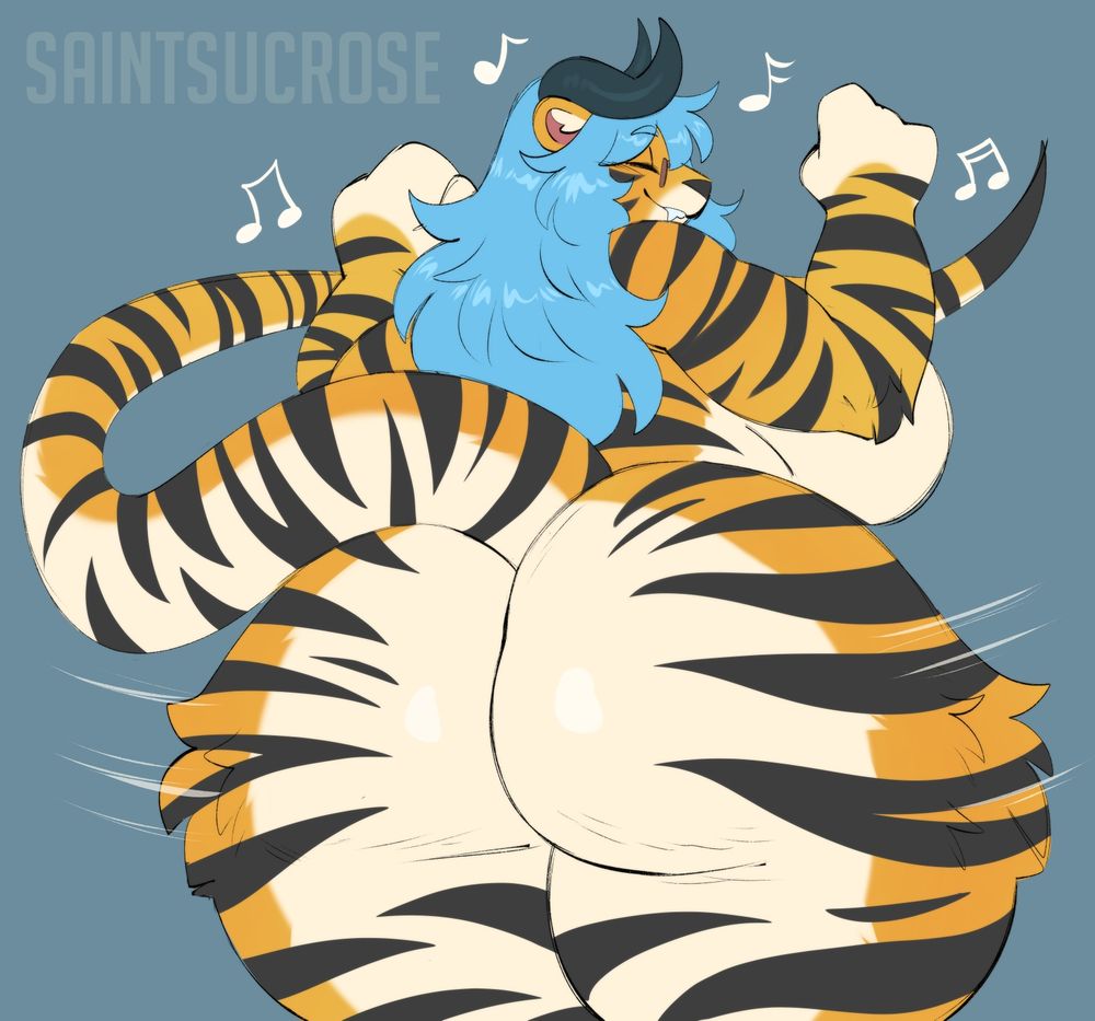 The kaiju tigress has face away from the camera and is wiggling her butt! How saucy! She's humming to herself as her tail whips around her