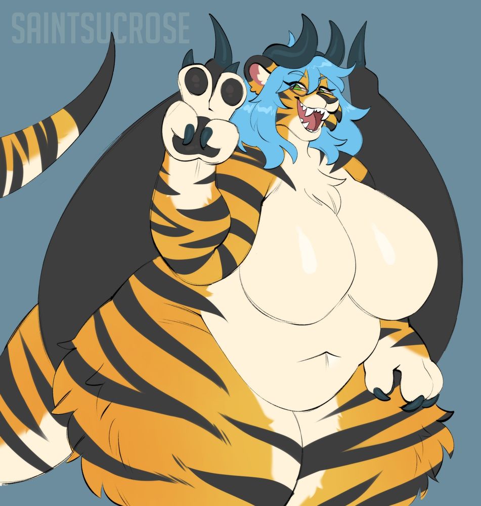 A heavy kaiju tigress is flashing the peace sign with her large paws