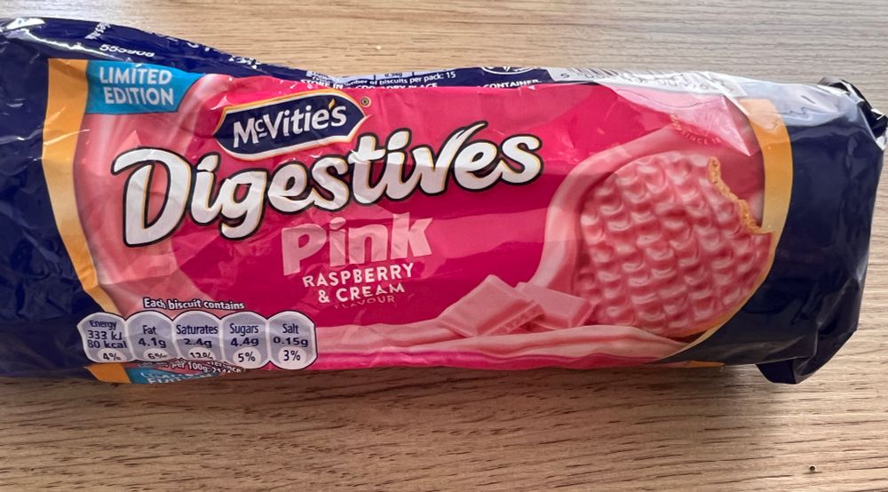 Photo of a packet of biscuits called Mcvitie’s Digestives Pink