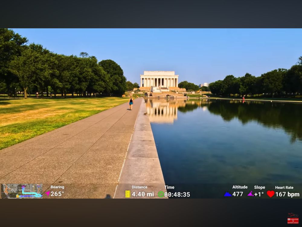 Photo of Washington DC national mall. Path leading to Lincoln Memorial in the distance ahead with reflecting pool/lake to the right. 