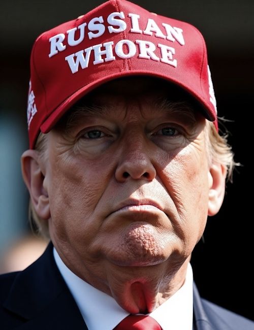AI generated Image of Donald Trump wearing a red baseball cap with the print "russian whore"