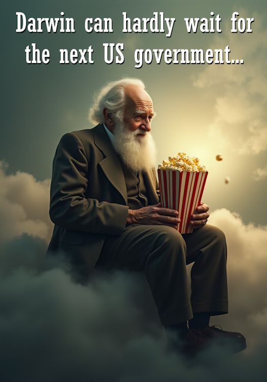 AI image of Charles Darwin sitting on a cloud and holding popcorn. Title of the meme "Darwin can hardly wait for the next US government"