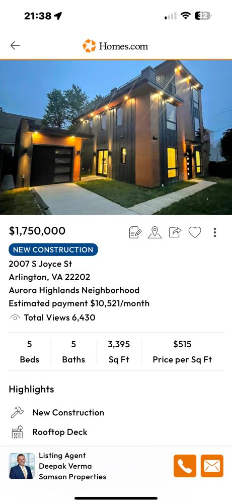 Property listing for a 5 bedroom SFH in Arlington Virginia for 1.75M