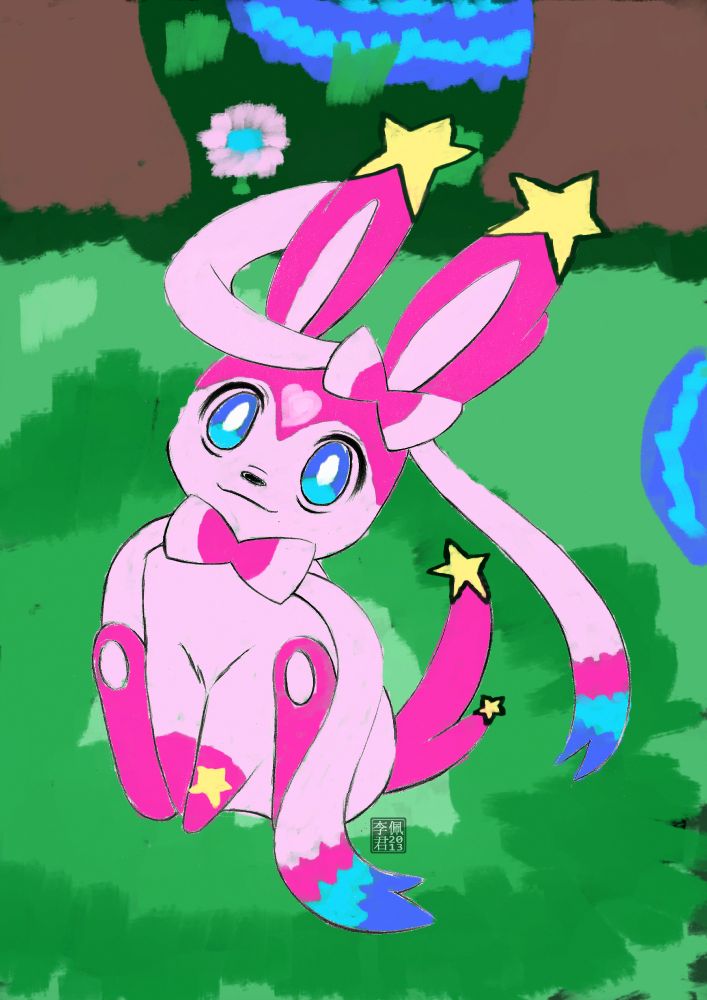 A girly pink/hot pink coloured Sylveon, adorned with starry ornaments on her ears and tail, and pattern of one on her left forepaw. Zigzag patterned ribbons with shades of pink and blue, and a heart pattern on her forehead.