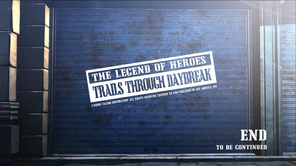 A endcard for the game Trails Through Daybreak, depcting Van's garage in some atmospheric lighting, with the title of the game in suburban text art in the middle. The corner has the word "END" and "TO BE CONTINUED"