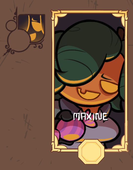 A screenshot showing Maxine's profile and character select images, the profile image is a simple drawing of her face, while the character select image depicts her holding up a candy as she inspects it, the lighting emitting from the bottom of the frame