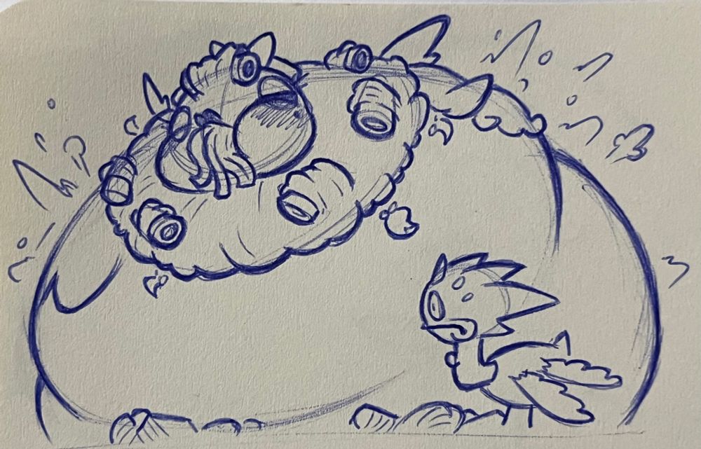 Rare shLep, Yawstritch (MSM)

The Rare Dreamythical suddenly ballooned up to a massive size, its large hollow abdomen taking up the space of the drawing, with its face having puffed up cheeks taking up a good amount of its face. A common Yawstritch stands beside it, shocked at what’s going on to the bug maraca beside it.