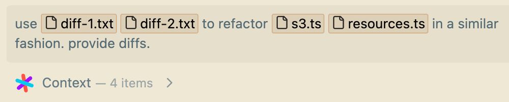 Sourcegraph Cody chat prompt with: "use diff-1.txt diff-2.txt to refactor s3.ts resources.ts in a similar fashion. provide diffs."