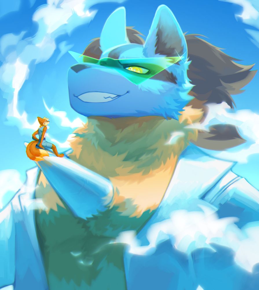 A little, anthropomorphic buizel sitting on the chest spike of a giant Lucario. The Lucario has a big grin on their face while looking down at the little buizel. 
