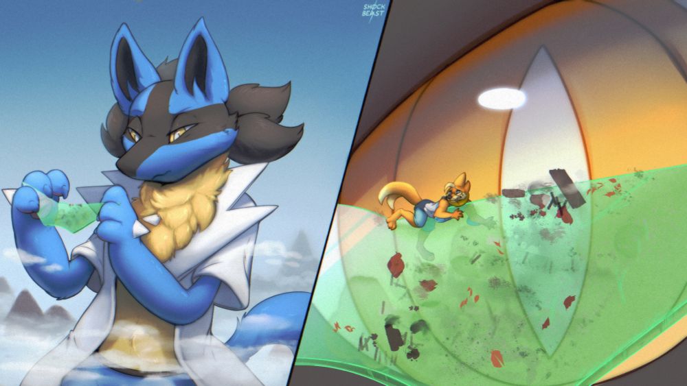 CrabbedLeaf is a giant sized Lucario with a white lab coat that has pointy collars. On one panel, he is squinting at his green glasses, inspecting them as they show signs of dirt and debris. In the second panel, Izzy, an orange anthropomorphic buizel, is stuck on the top of the glasses with Crab's giant eye staring from behind.