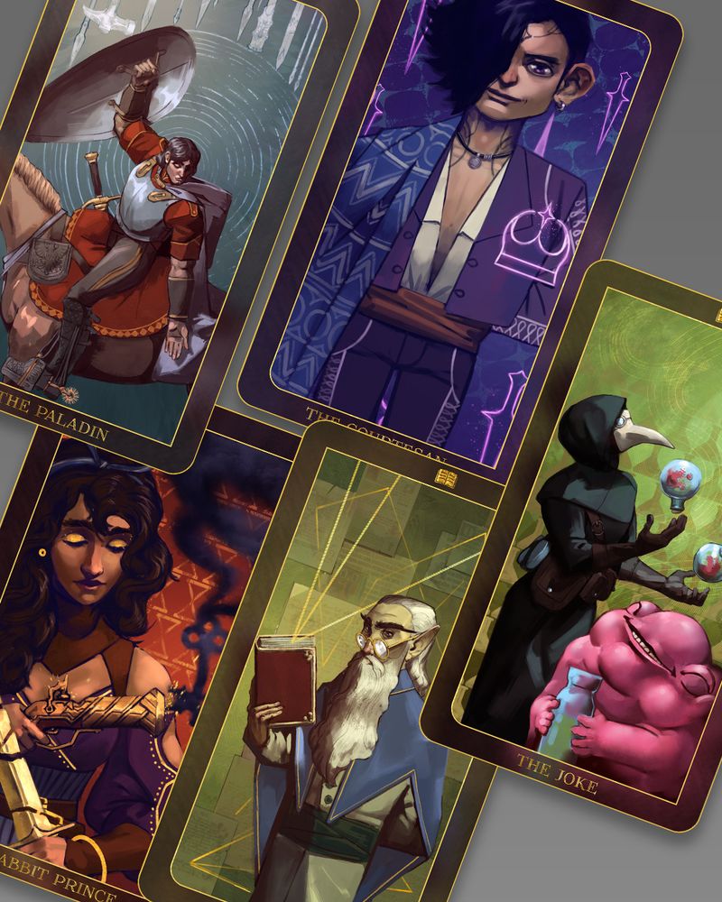 A composition of five tilted "tarot" cards, each depicting a different character.