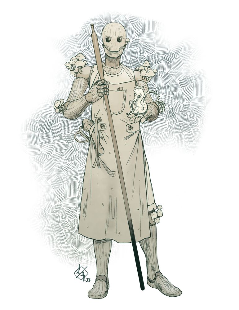 A digital sketch of a puppet-like character with mushrooms growing from them, holding a glass-blower rod and a glass figurine