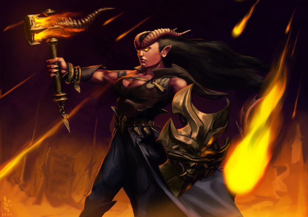 A digital paitning of a fiery demon lady