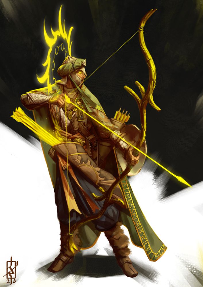 a digital illustration of a man holding a bow, knocking an arrow made of light, wearing earthly browns and greens clothes, with golden decorations