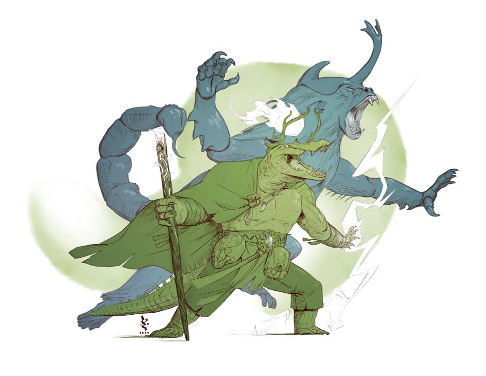 A digital drawing of a crocodile-person accompanied by a hybrid monster with traits of a primate, beetles, and a scorpion tail.