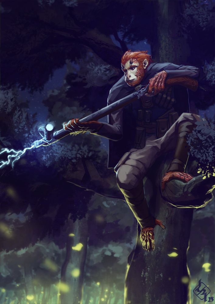 A digital painting of a monkey-person with red foor sitting in a branch of a tree in a forest by night, illuminated by fireflights from below. The character is wearing adventuring gear, and is shooting a lightning bolt from a riffle
