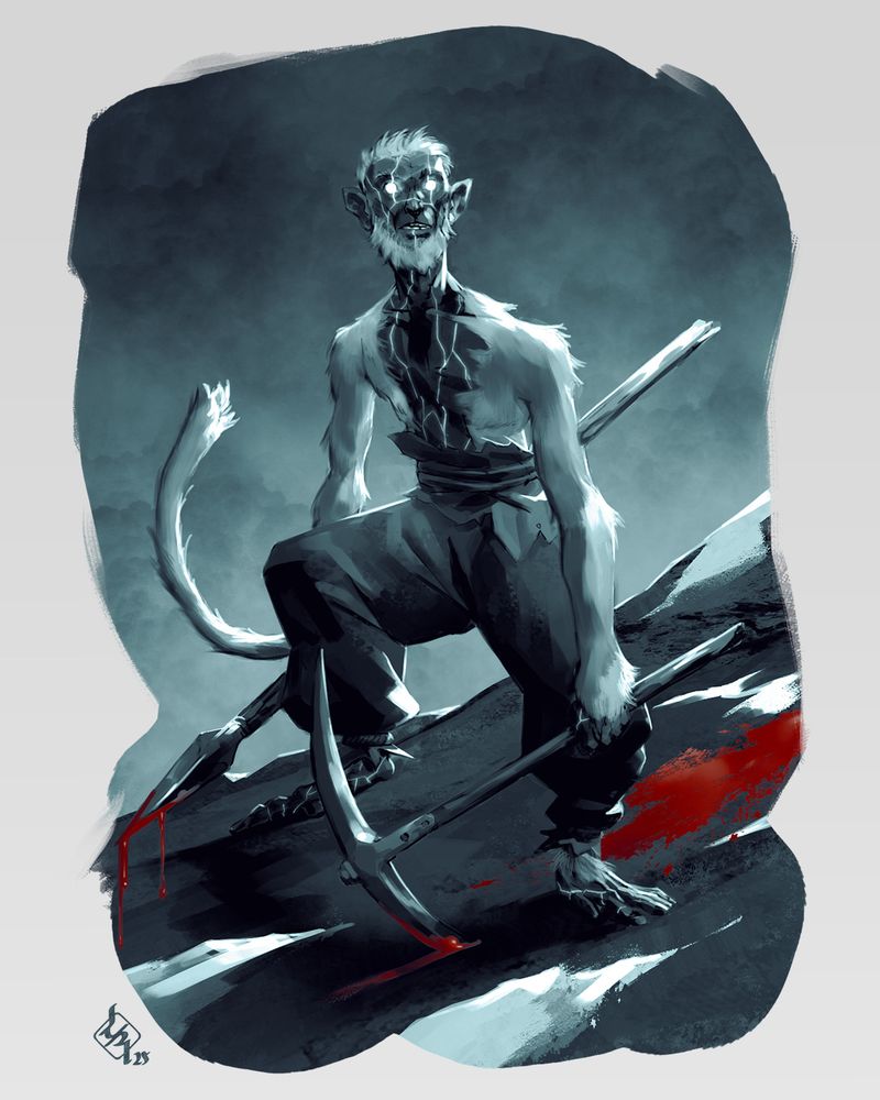 An ice zombie-like monkey-person in the aftermath of a violent scene