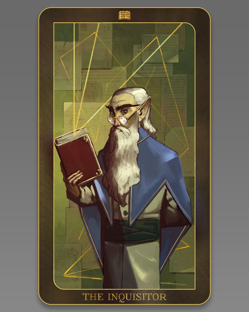 A digital painting of a "tarot" card depicting a bespectacled elf with beard, holding a book